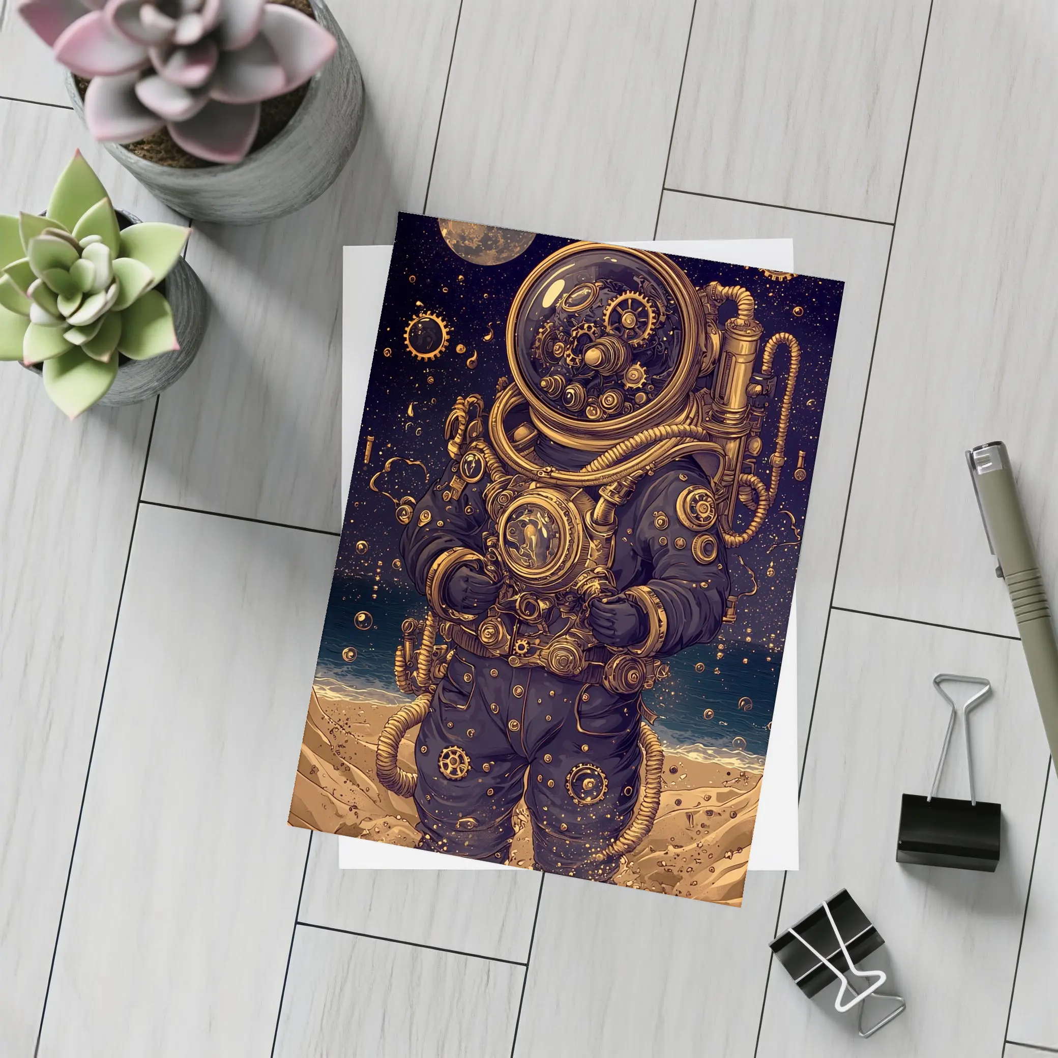 Steampunk Astronaut Standing On Alien Desert – Postcards