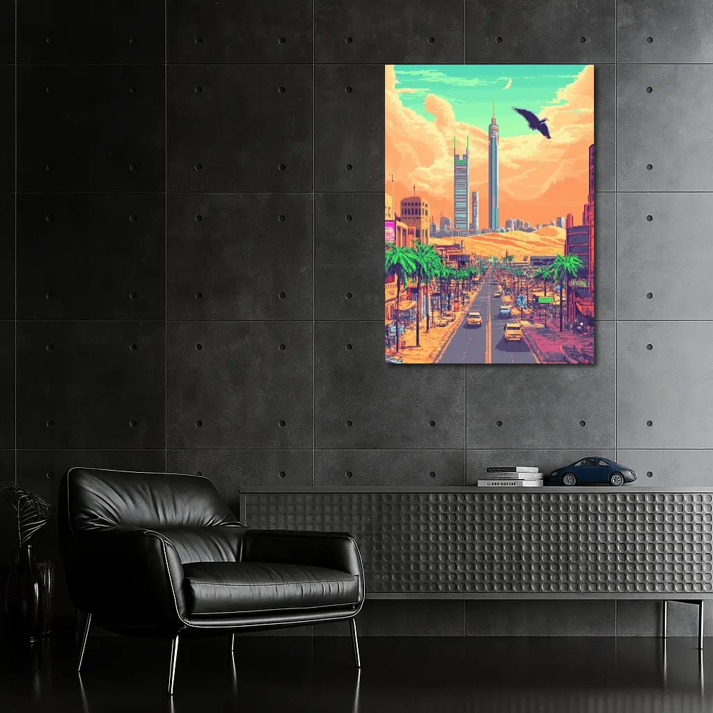 Pixel Art Desert City Street Scene – Wall Art