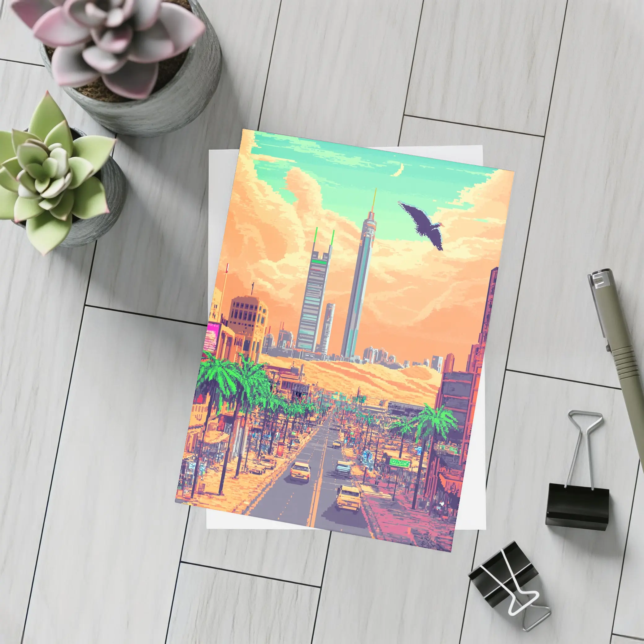 Pixel Art Desert City Street Scene – Postcards