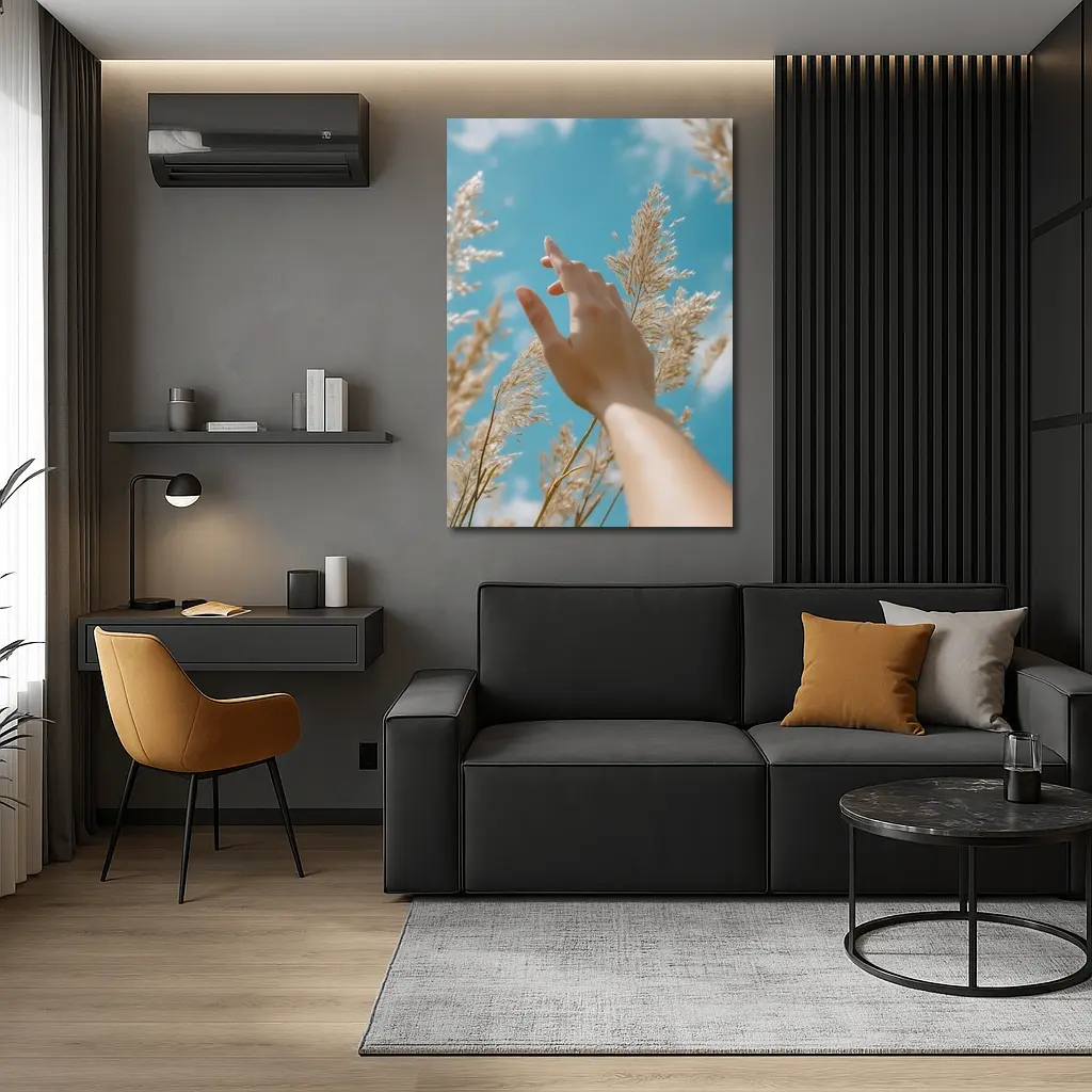 Hand Reaching Through Golden Wheat Blue Sky – Wall Art