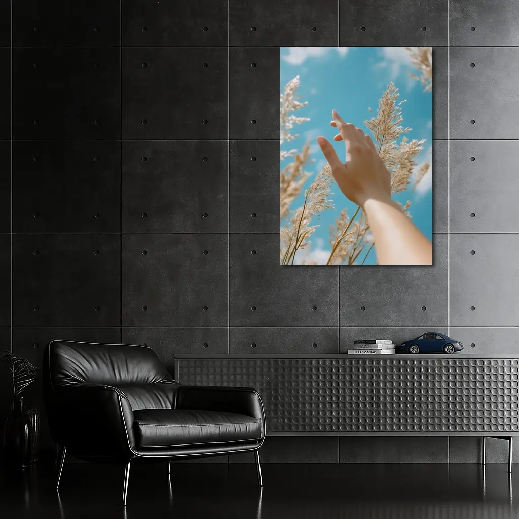 Hand Reaching Through Golden Wheat Blue Sky – Wall Art