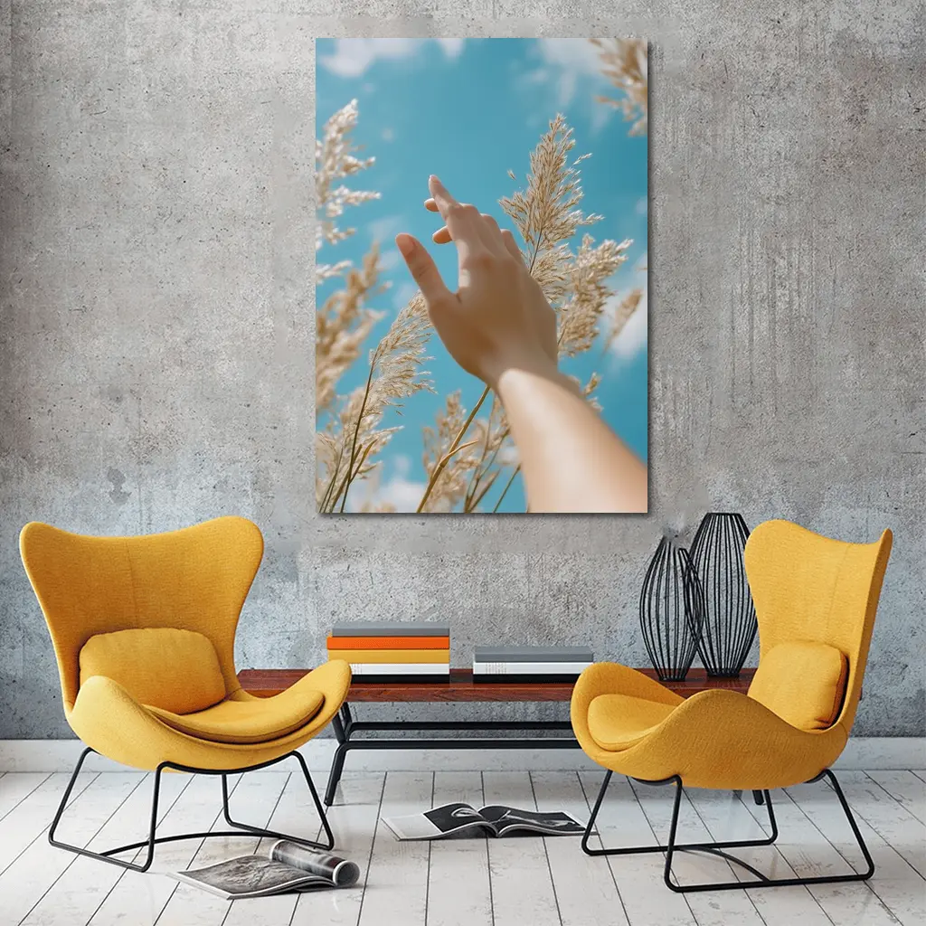 Hand Reaching Through Golden Wheat Blue Sky – Wall Art