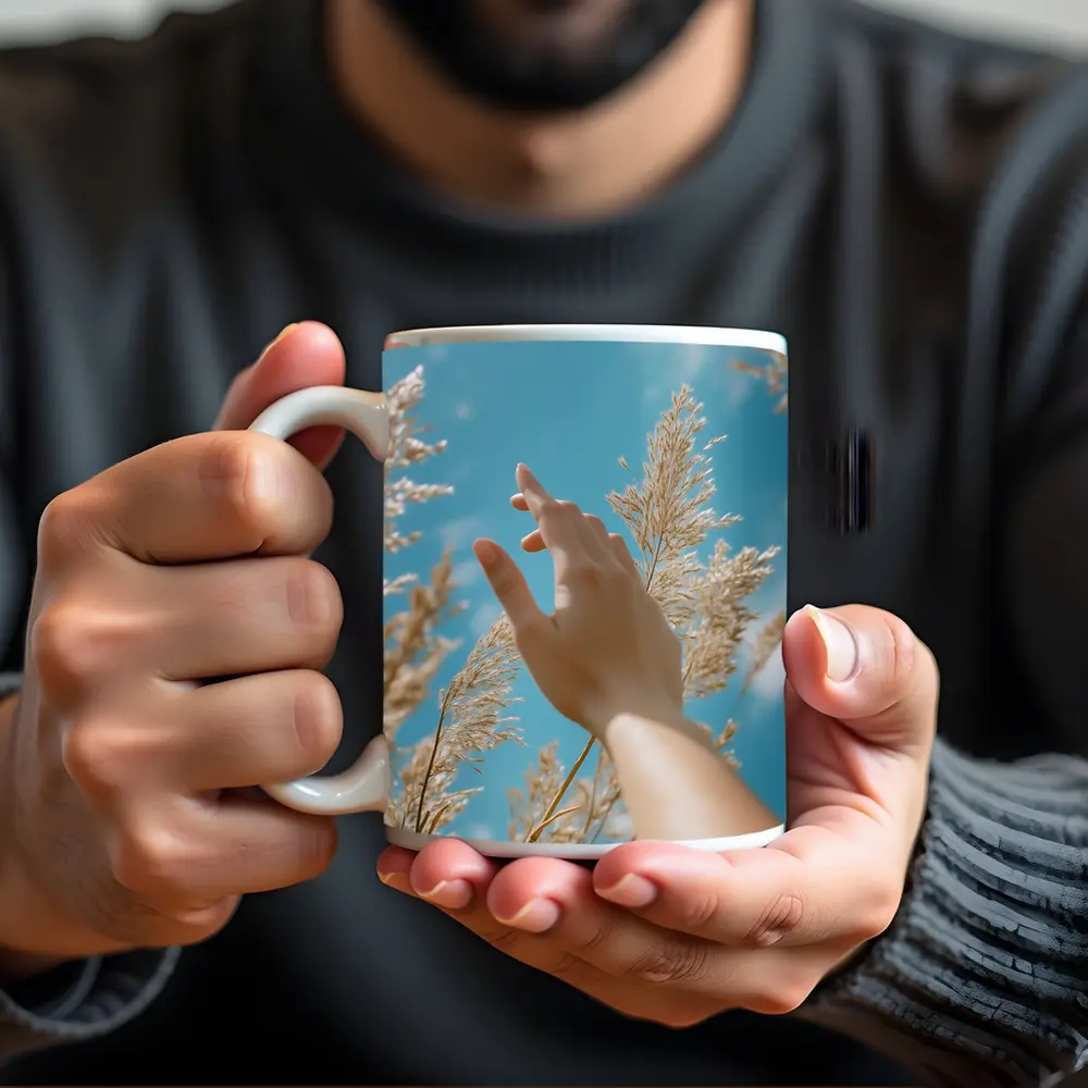 Hand Reaching Through Golden Wheat Blue Sky – Mugs