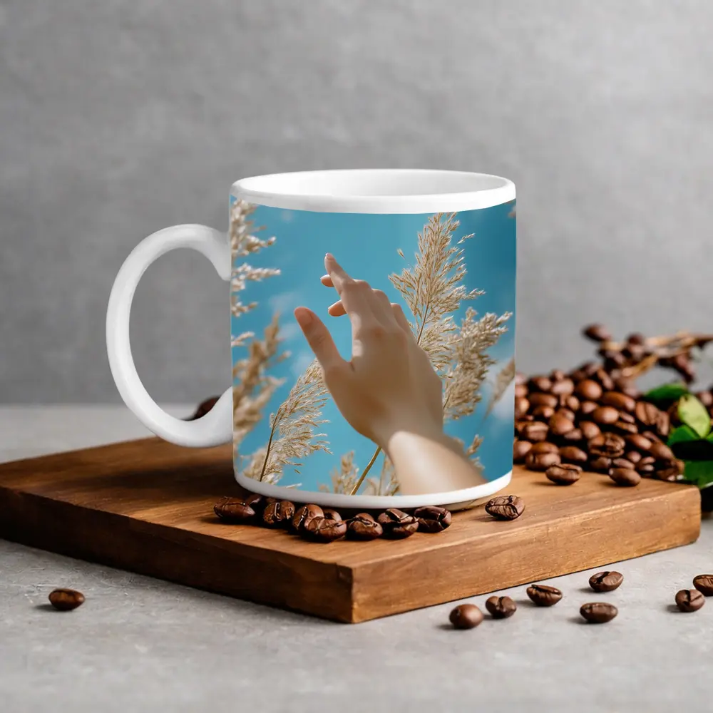 Hand Reaching Through Golden Wheat Blue Sky – Mugs