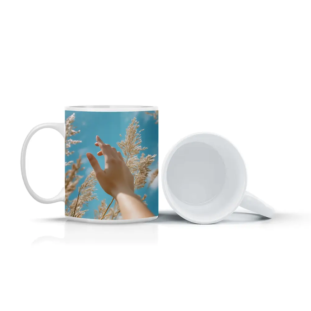 Hand Reaching Through Golden Wheat Blue Sky – Mugs