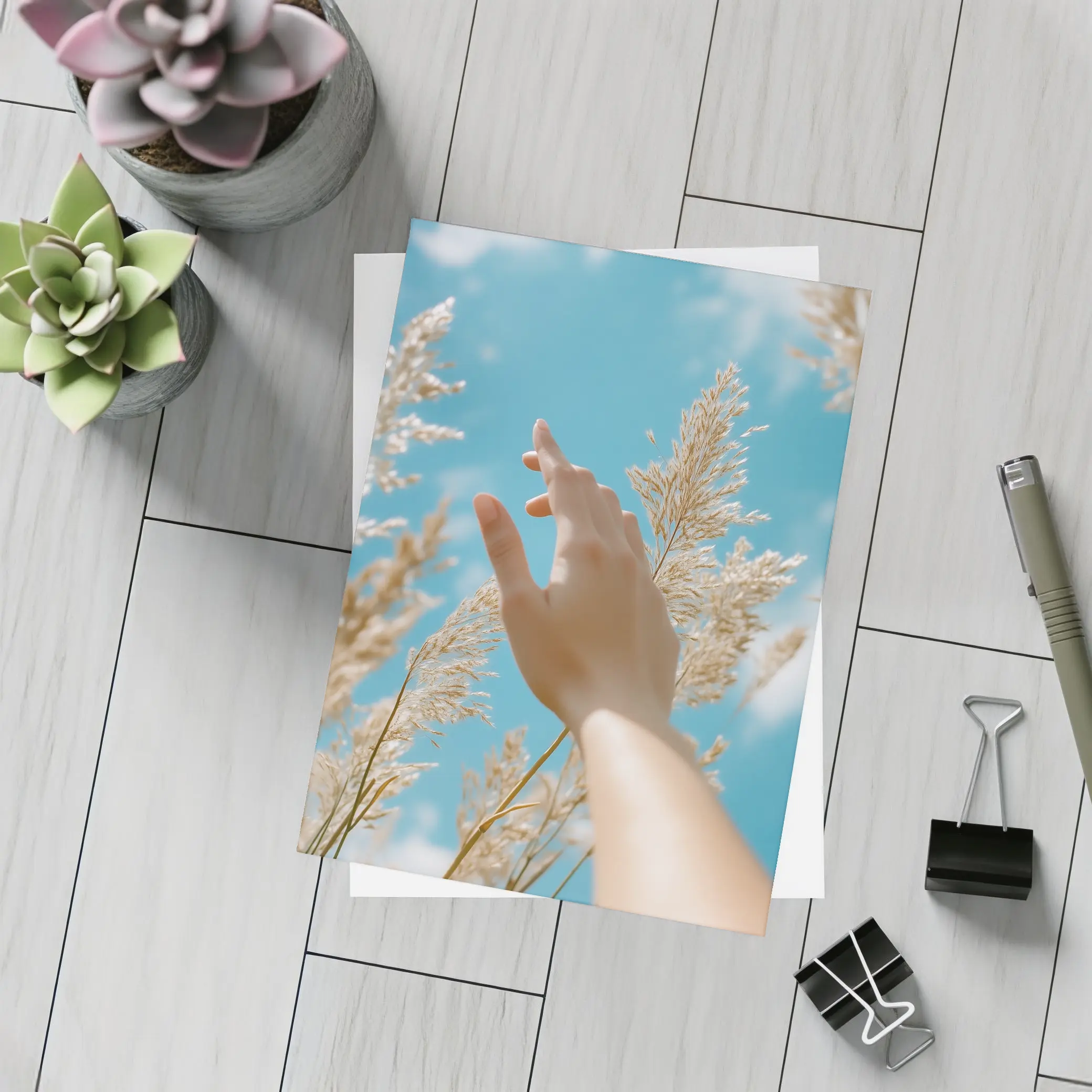Hand Reaching Through Golden Wheat Blue Sky – Postcards