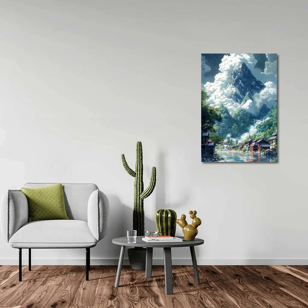 Anime Mountain Village River Misty Landscape – Wall Art