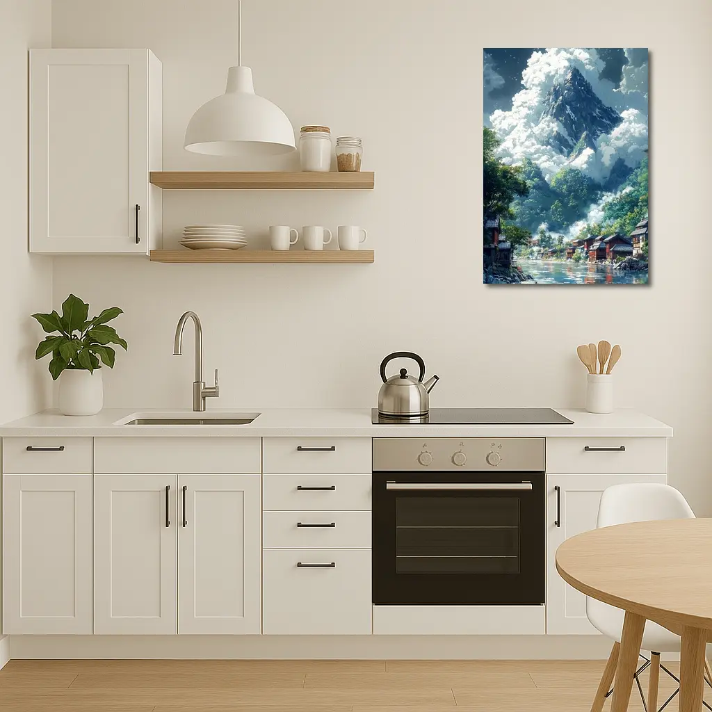 Anime Mountain Village River Misty Landscape – Wall Art