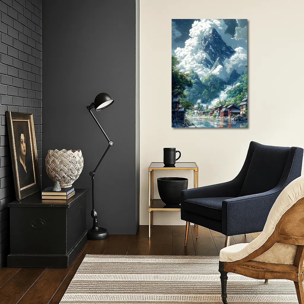 Anime Mountain Village River Misty Landscape – Wall Art