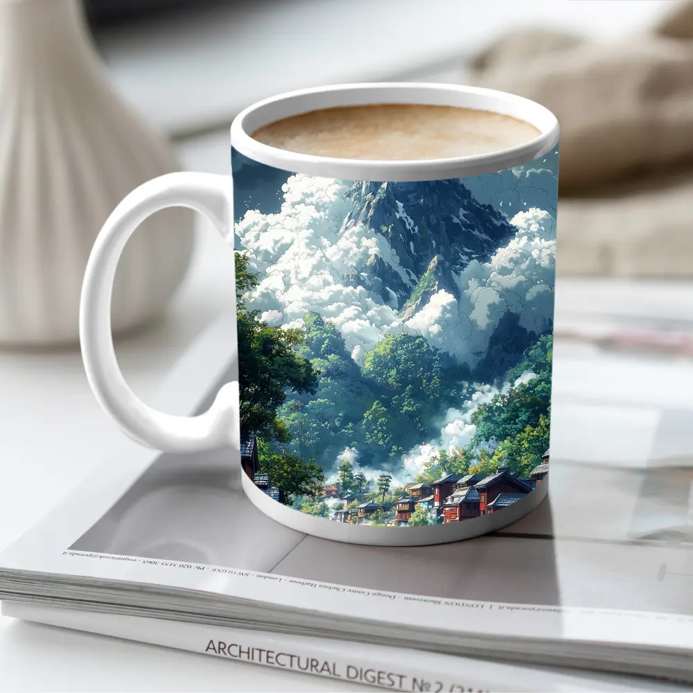 Anime Mountain Village River Misty Landscape – Mugs