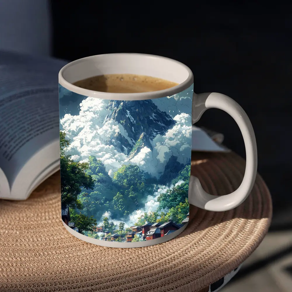 Anime Mountain Village River Misty Landscape – Mugs