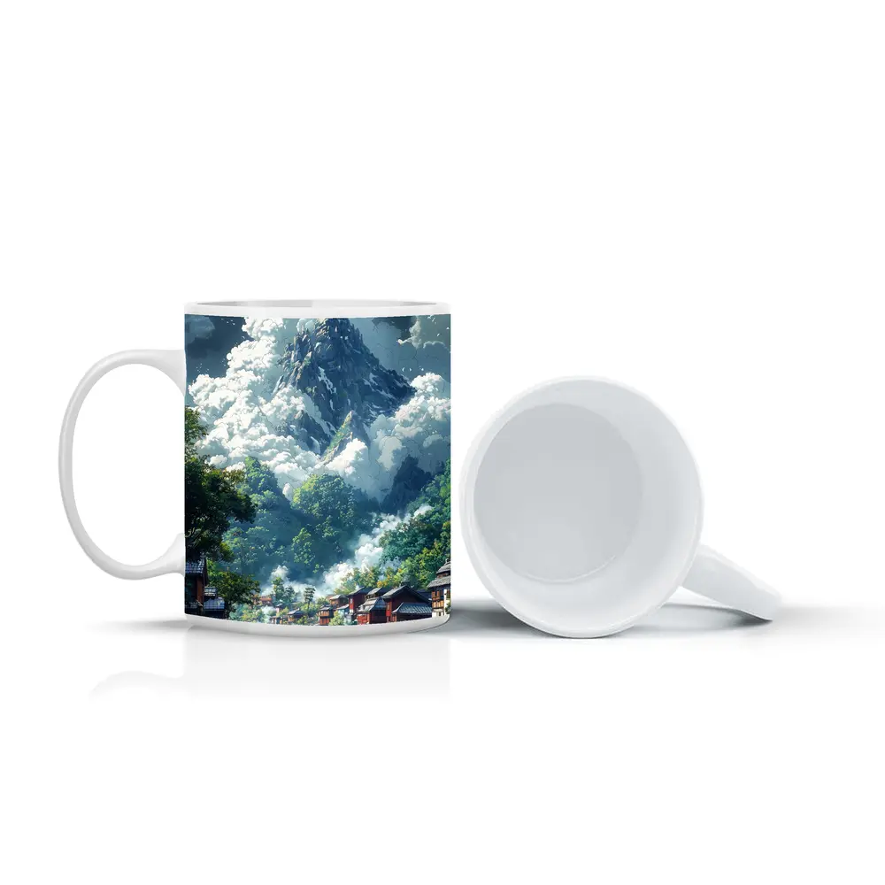 Anime Mountain Village River Misty Landscape – Mugs