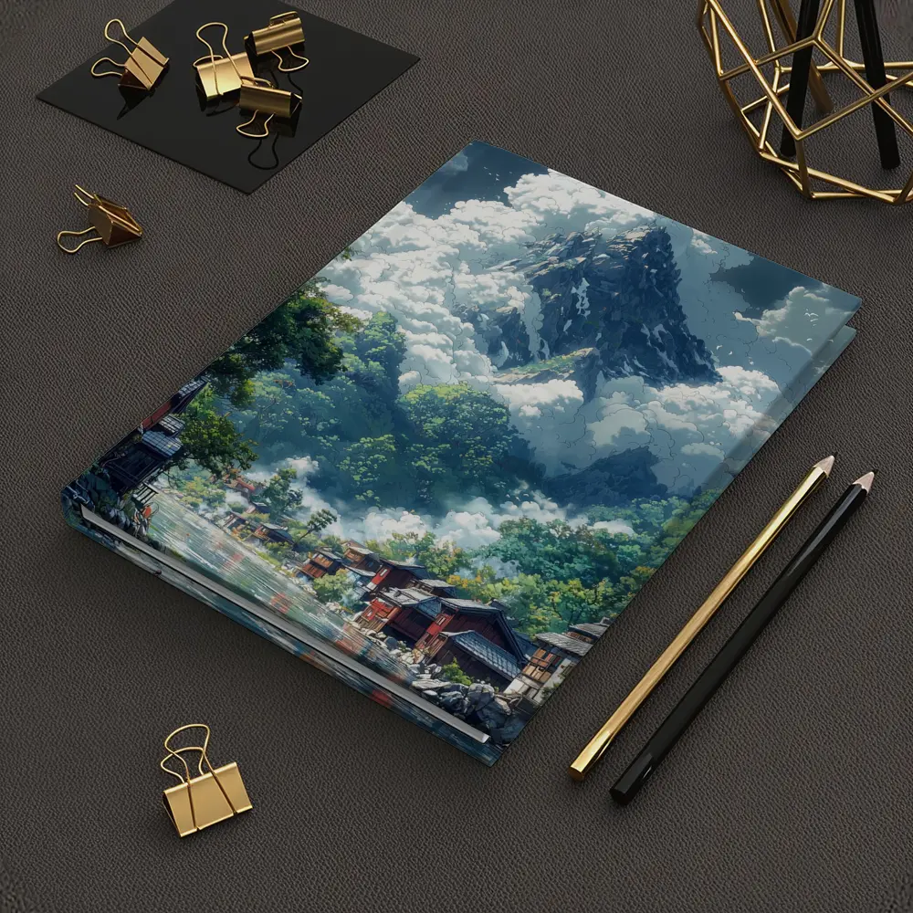 Anime Mountain Village River Misty Landscape – Notebooks