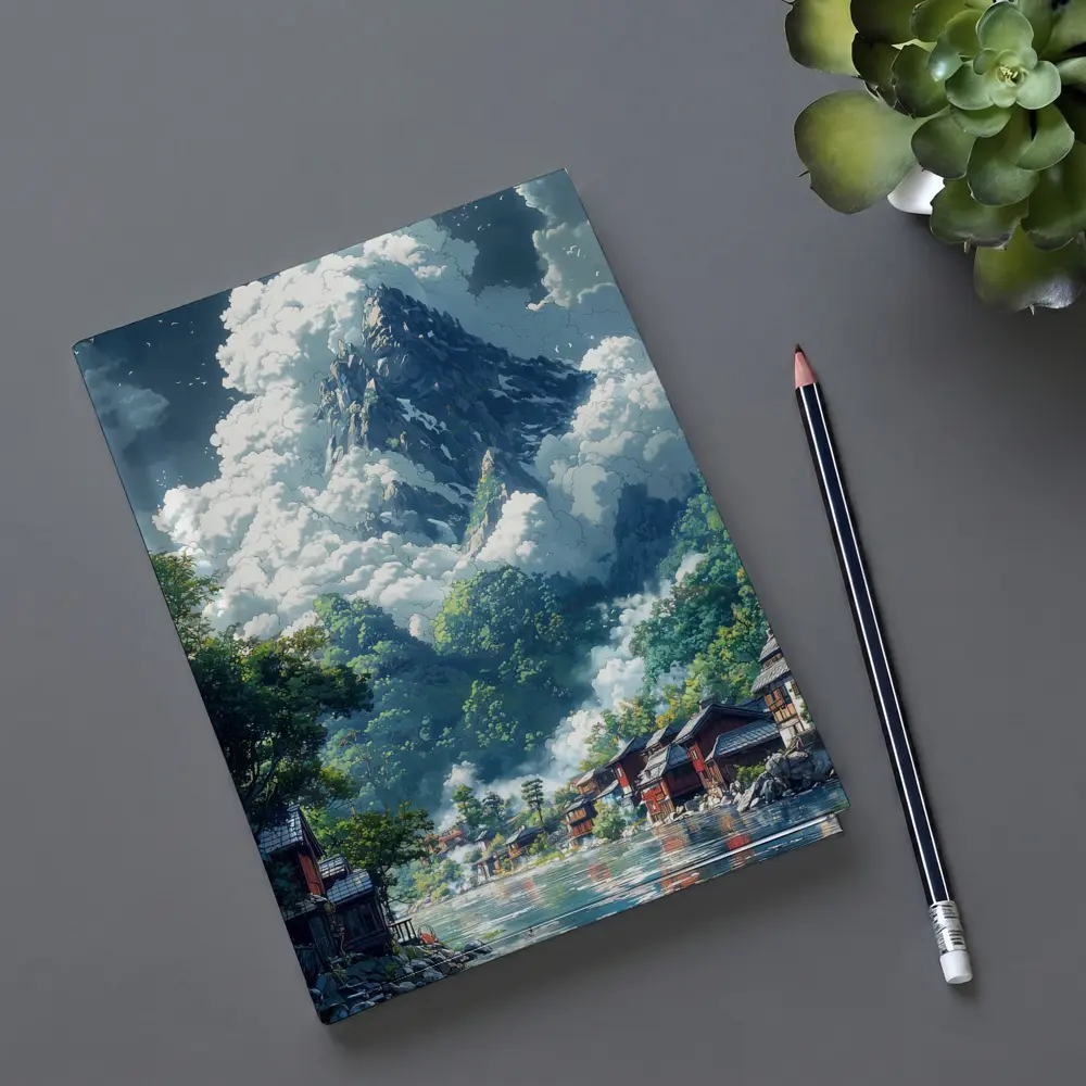 Anime Mountain Village River Misty Landscape – Notebooks