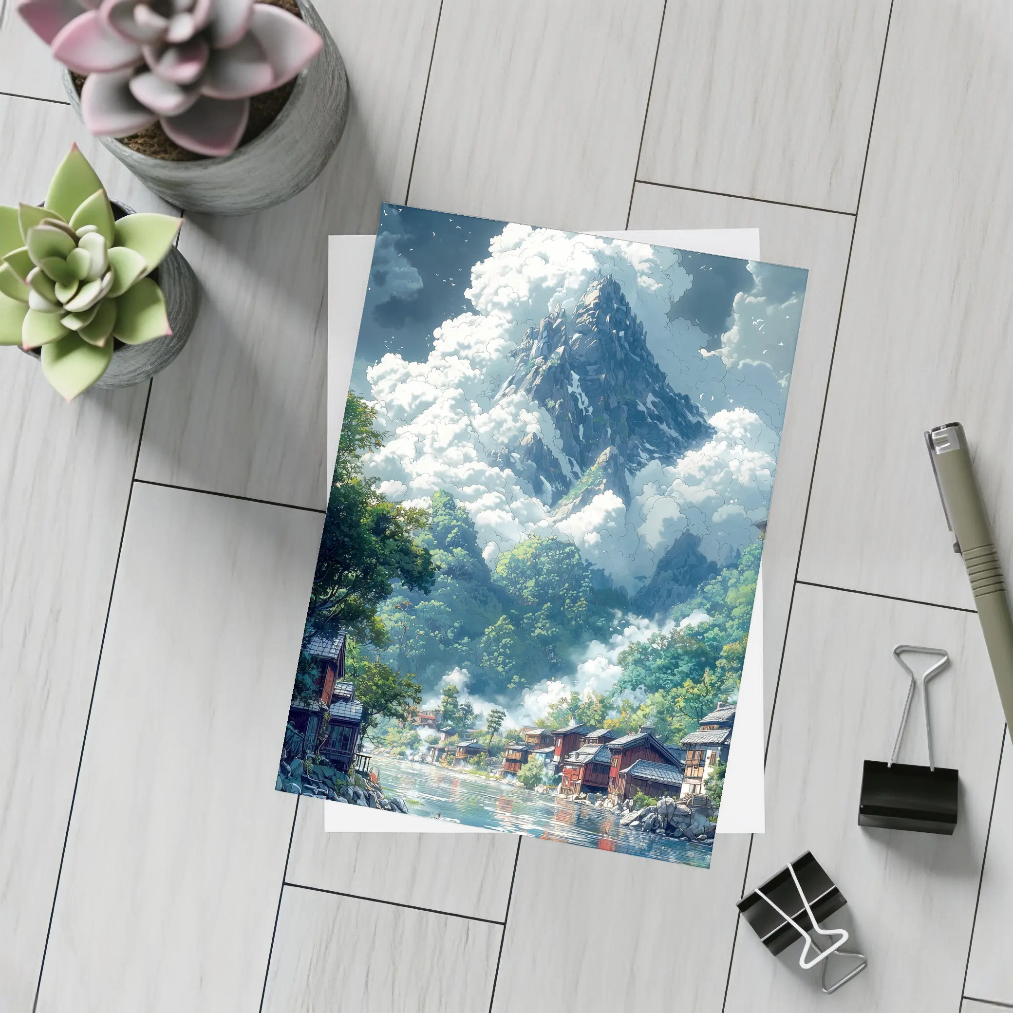 Anime Mountain Village River Misty Landscape – Postcards
