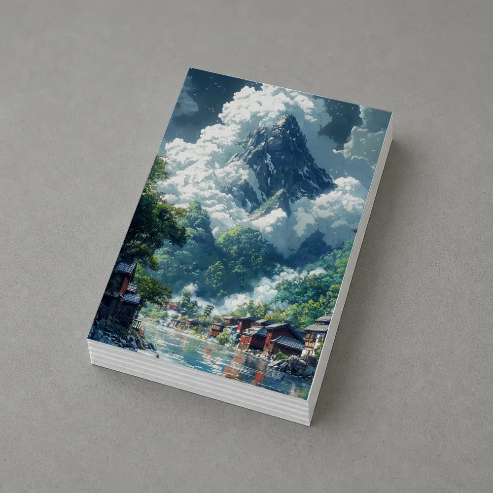 Anime Mountain Village River Misty Landscape – Postcards