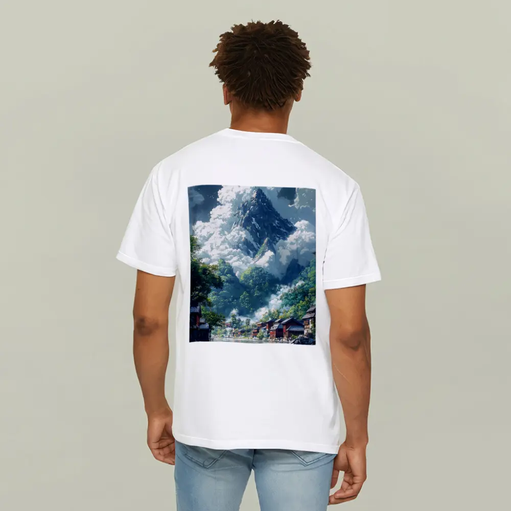 Anime Mountain Village River Misty Landscape – T-Shirts