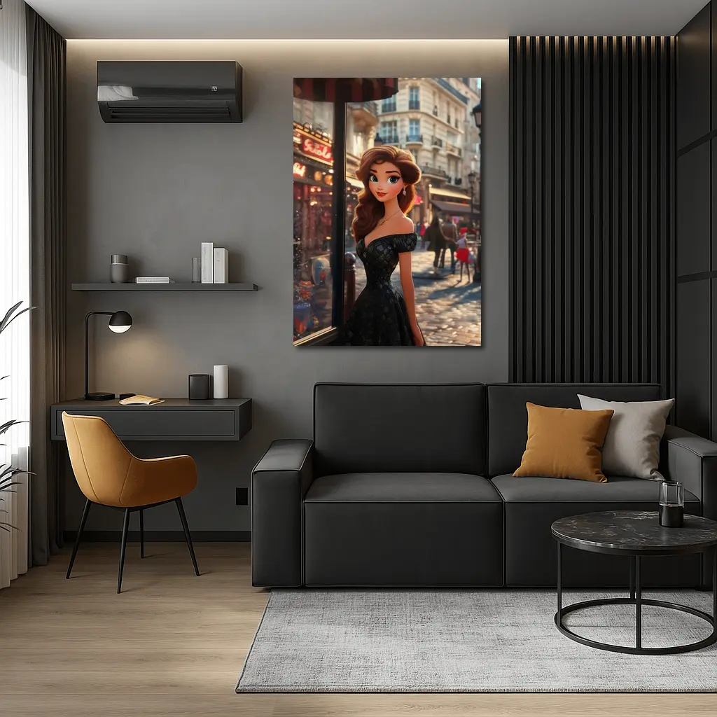 Cartoon Girl Black Dress Paris Street – Wall Art