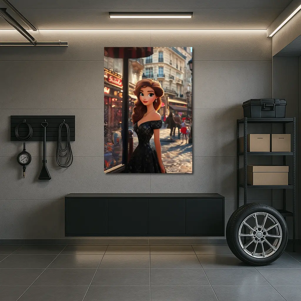 Cartoon Girl Black Dress Paris Street – Wall Art
