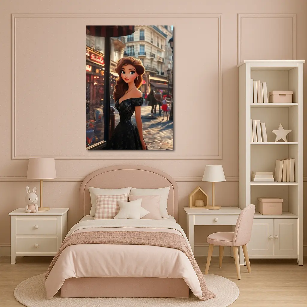 Cartoon Girl Black Dress Paris Street – Wall Art