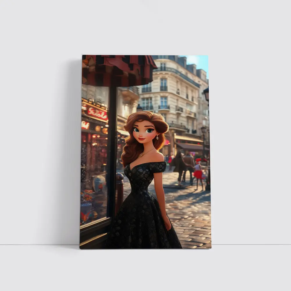 Cartoon Girl Black Dress Paris Street – Wall Art