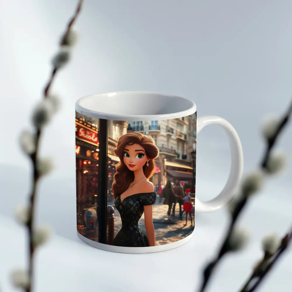 Cartoon Girl Black Dress Paris Street – Mugs