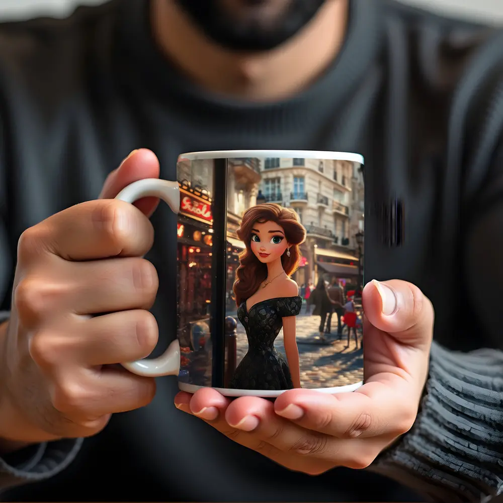 Cartoon Girl Black Dress Paris Street – Mugs