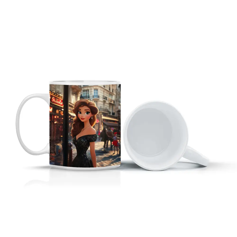 Cartoon Girl Black Dress Paris Street – Mugs