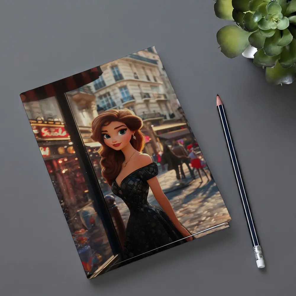Cartoon Girl Black Dress Paris Street – Notebooks