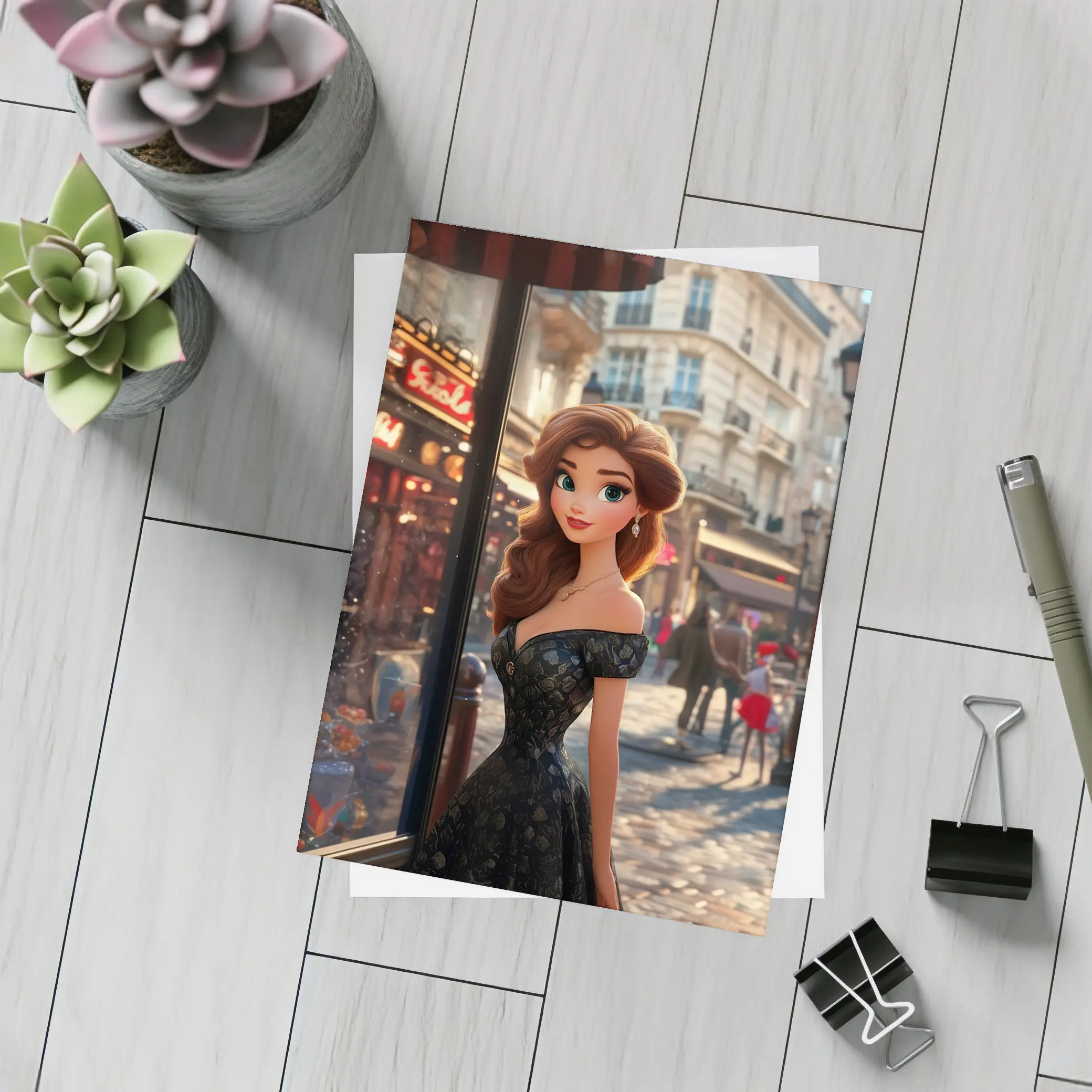 Cartoon Girl Black Dress Paris Street – Postcards
