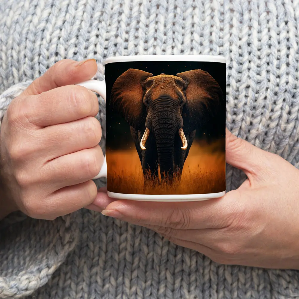 African Elephant Walking Through Golden Savanna Grass – Mugs