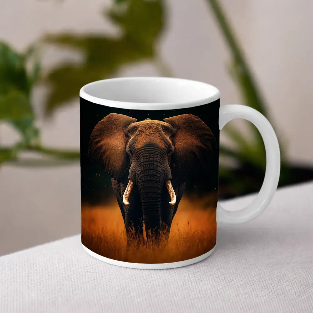 African Elephant Walking Through Golden Savanna Grass – Mugs