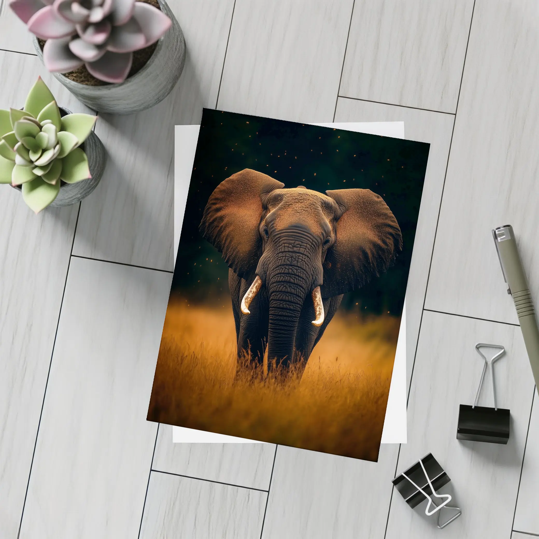 African Elephant Walking Through Golden Savanna Grass – Postcards