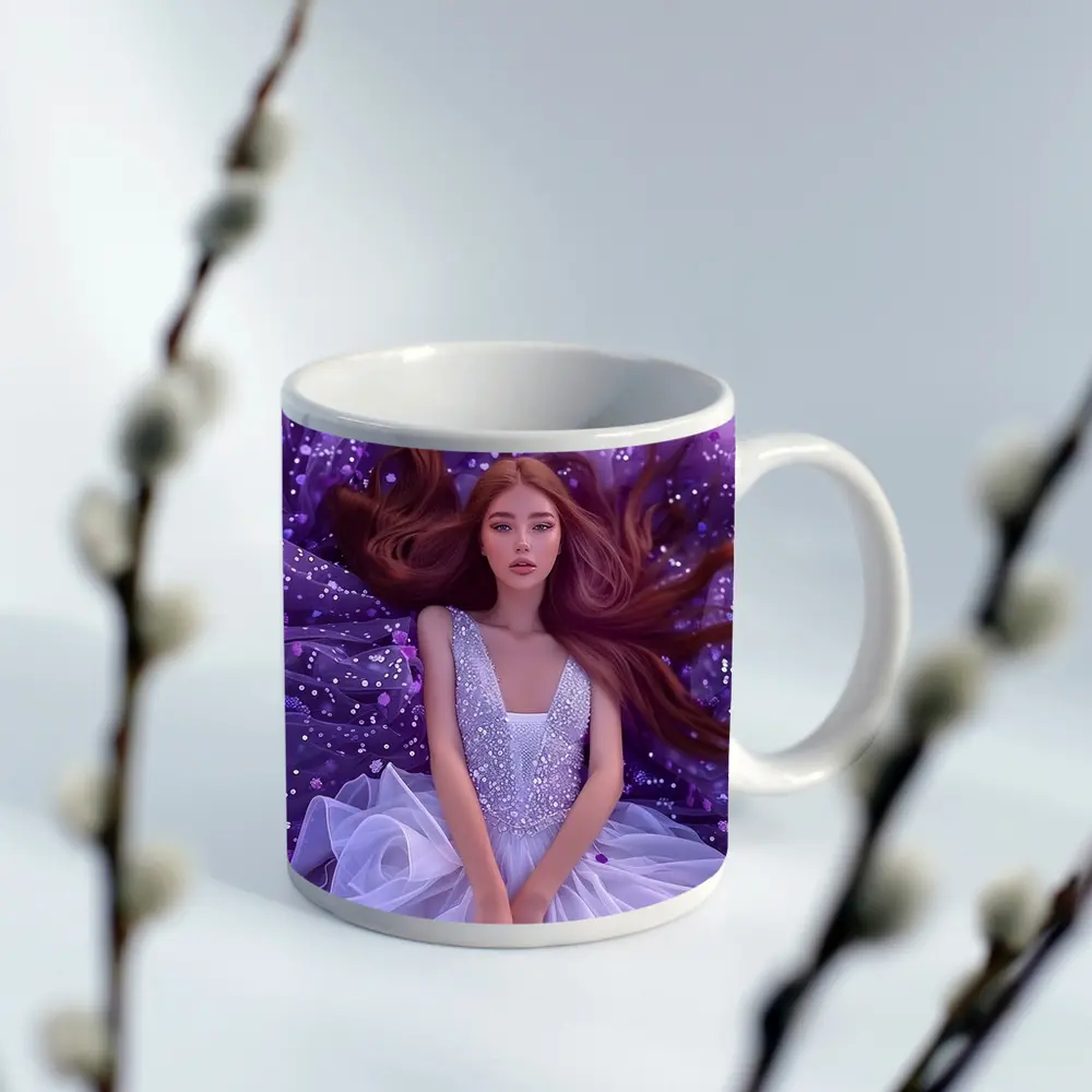 Red Hair Woman Purple Floral Fantasy Art – Mugs