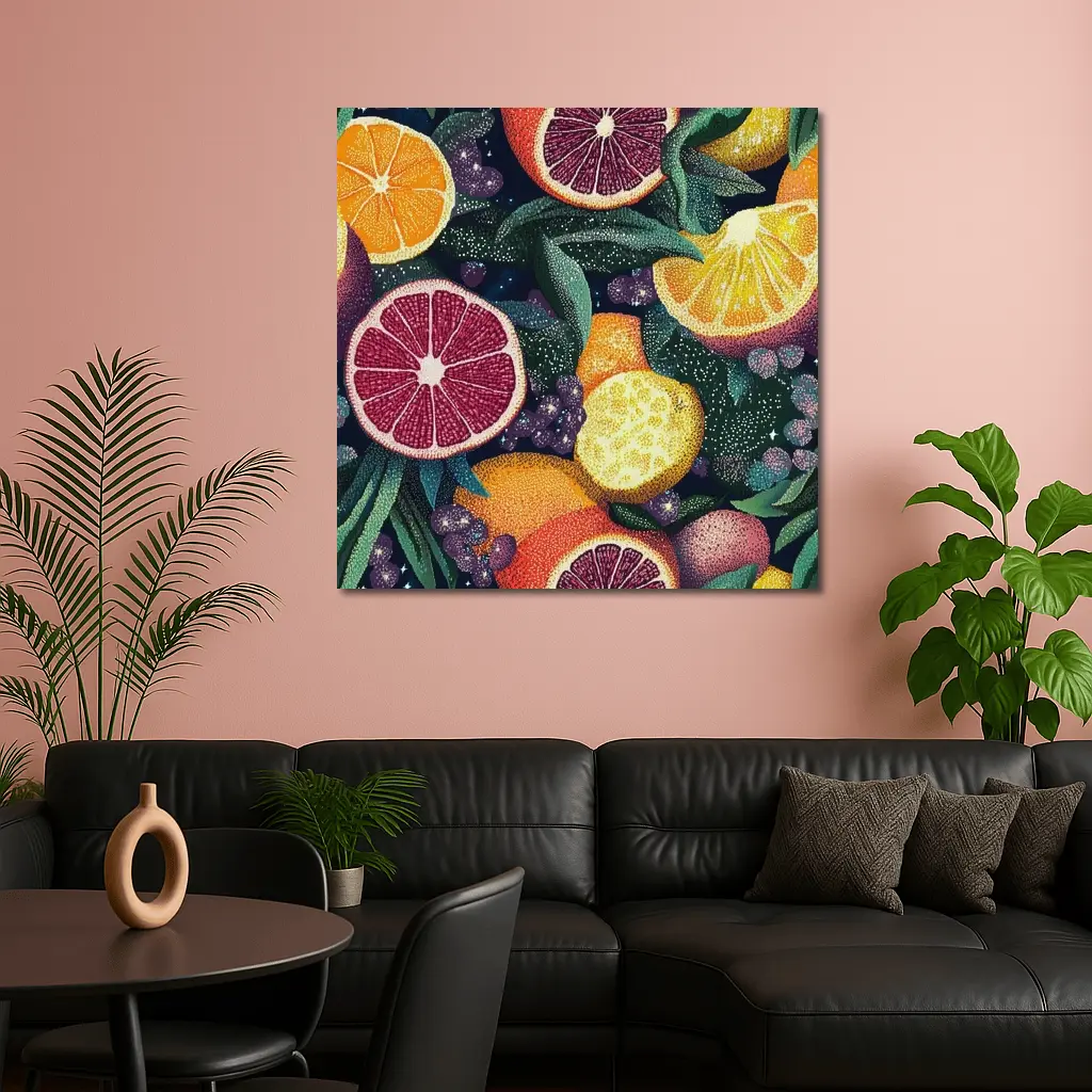 Colorful Citrus Fruits Dark Botanical Pattern – Wall Art