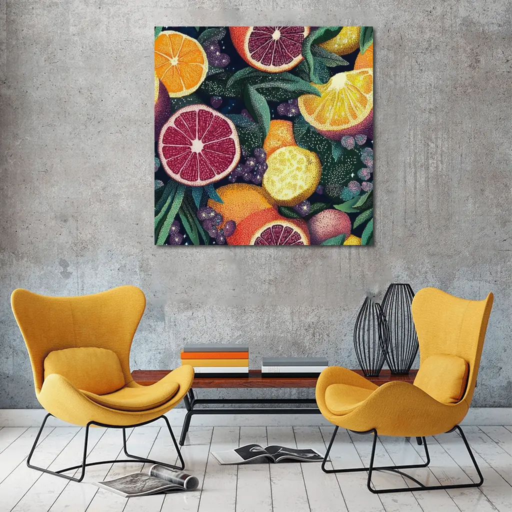 Colorful Citrus Fruits Dark Botanical Pattern – Wall Art