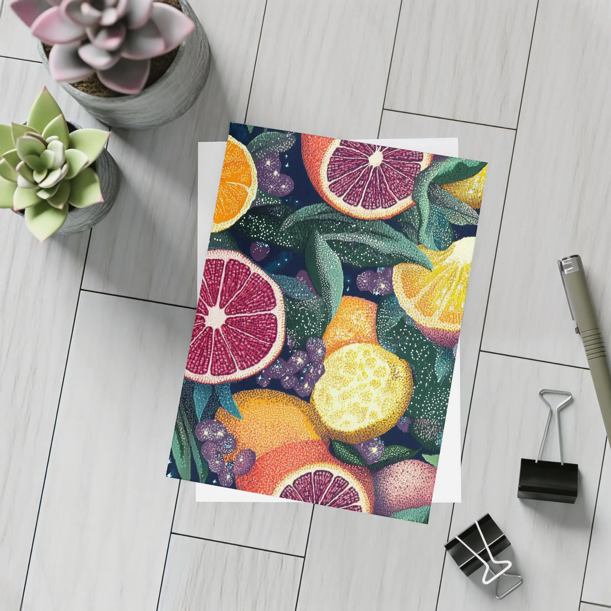Colorful Citrus Fruits Dark Botanical Pattern – Postcards