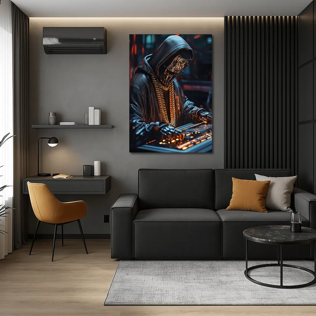 Cyberpunk Hooded Figure Gold Chain DJ – Wall Art
