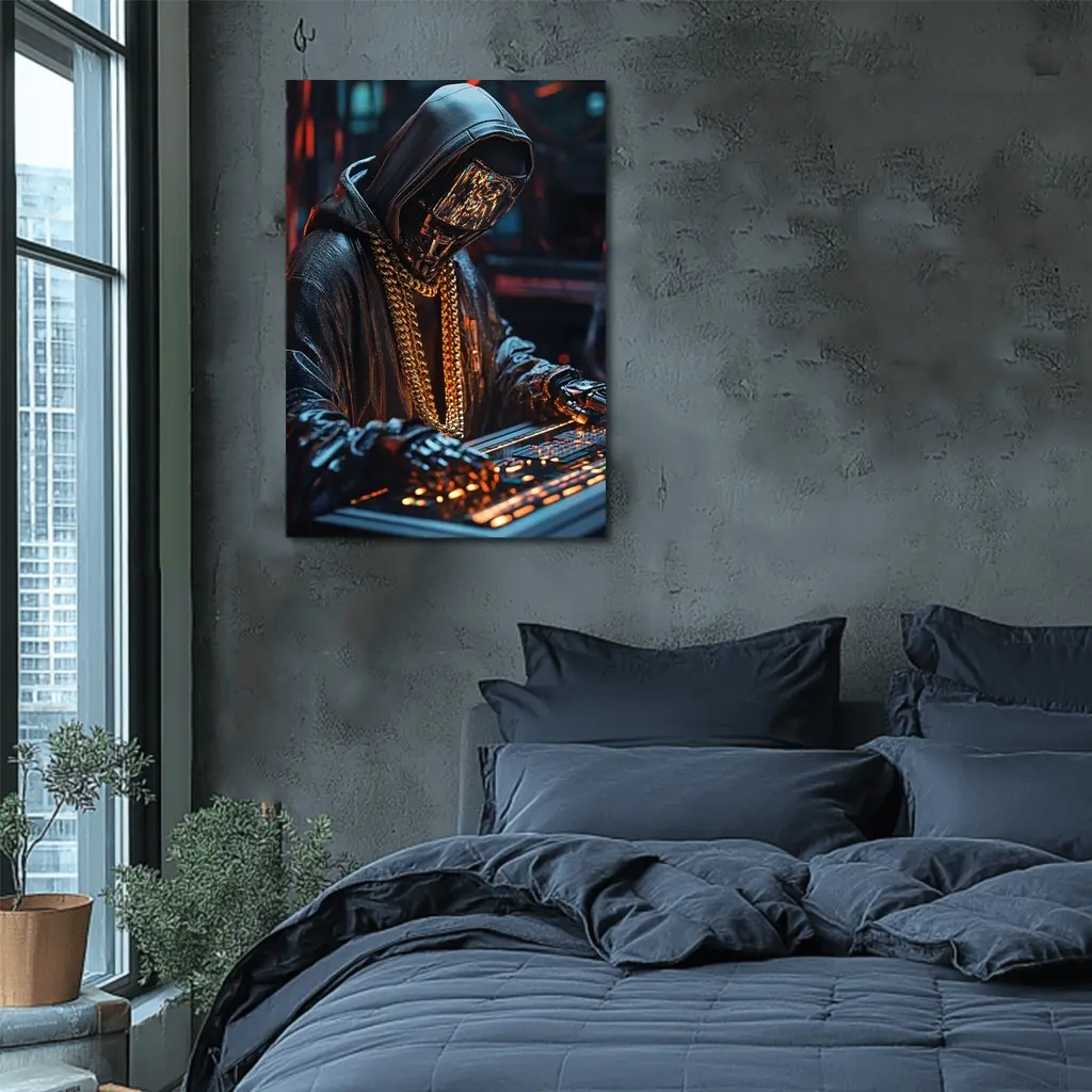 Cyberpunk Hooded Figure Gold Chain DJ – Wall Art