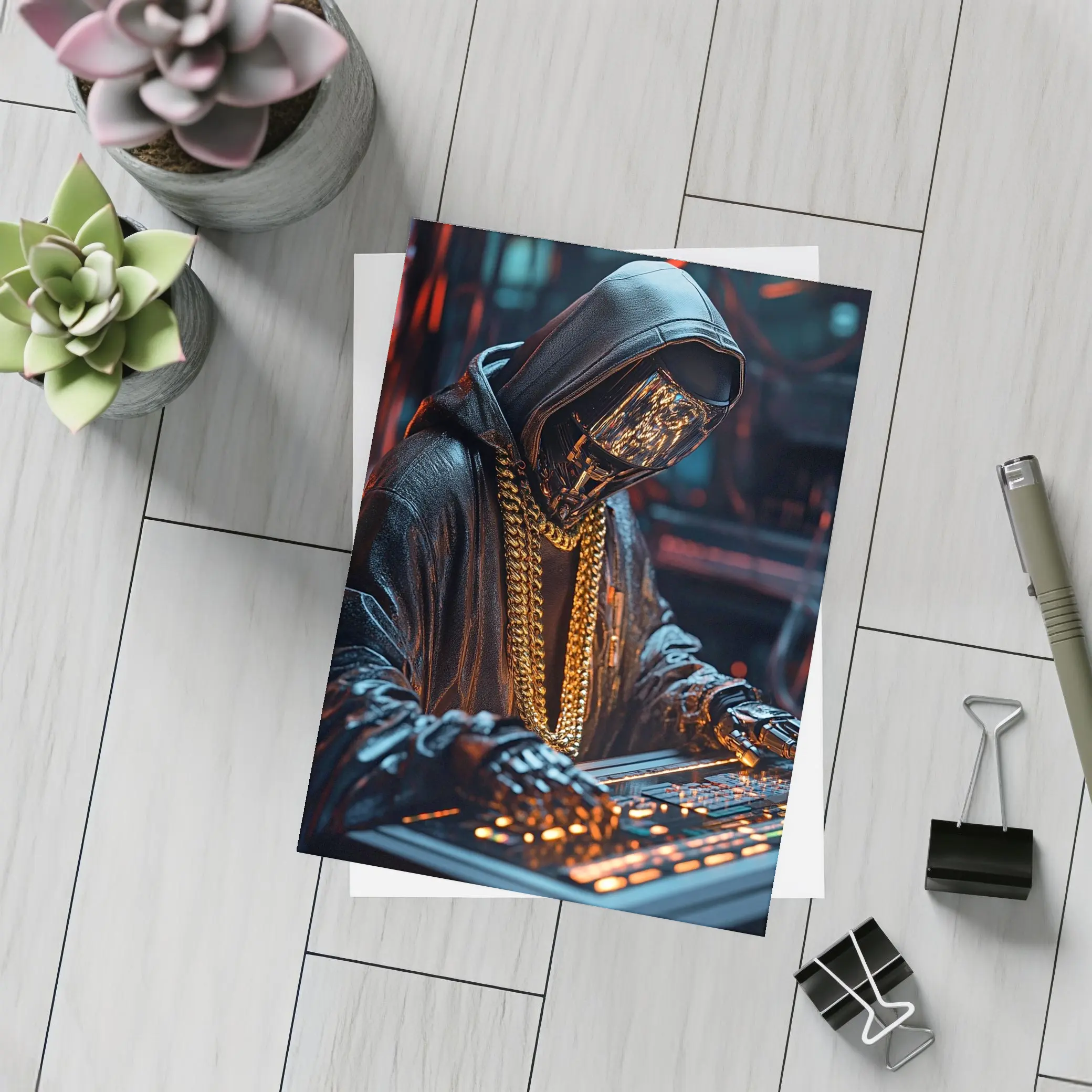 Cyberpunk Hooded Figure Gold Chain DJ – Postcards