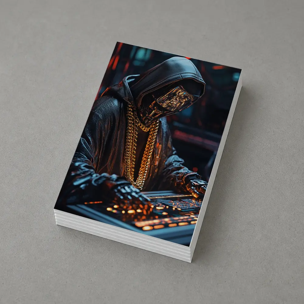 Cyberpunk Hooded Figure Gold Chain DJ – Postcards