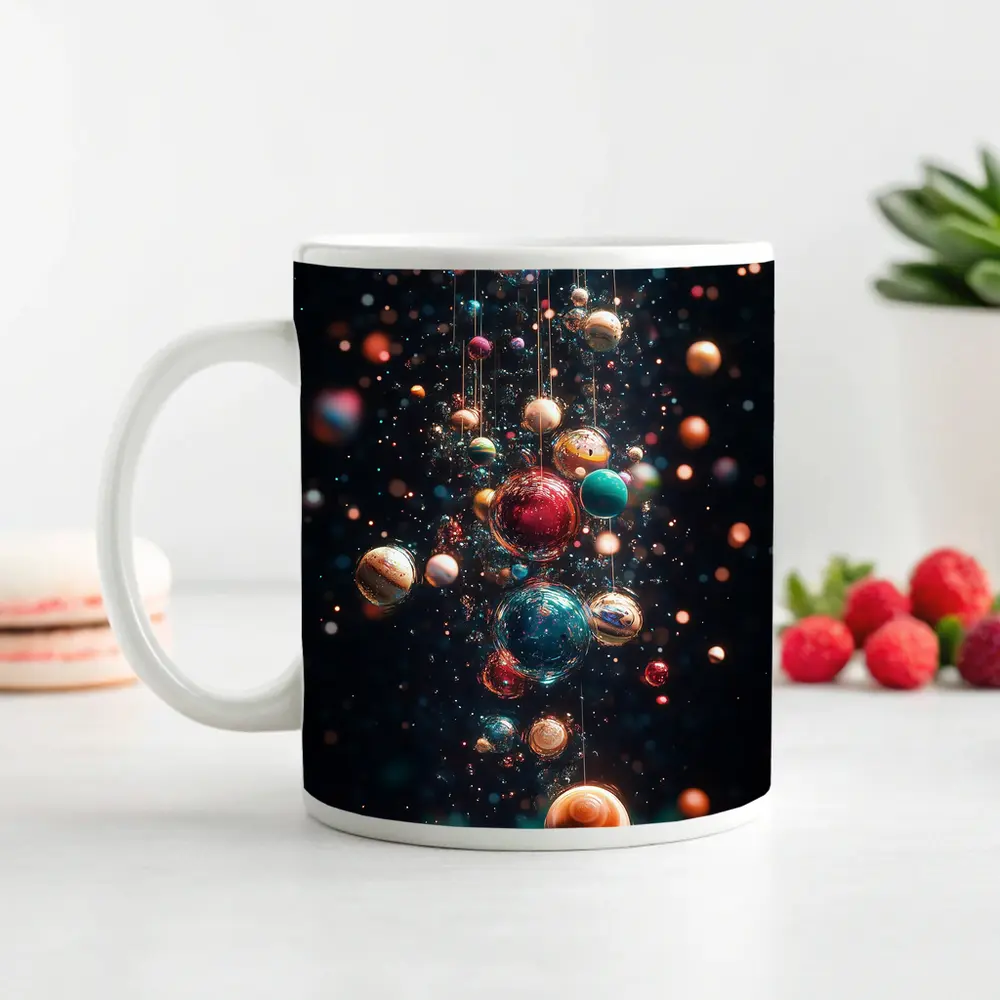 Colorful Planets Hanging Dark Space Background – Mugs