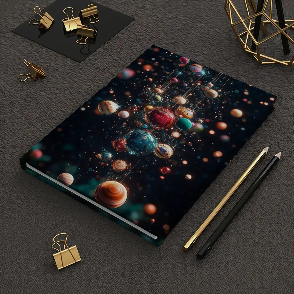 Colorful Planets Hanging Dark Space Background – Notebooks