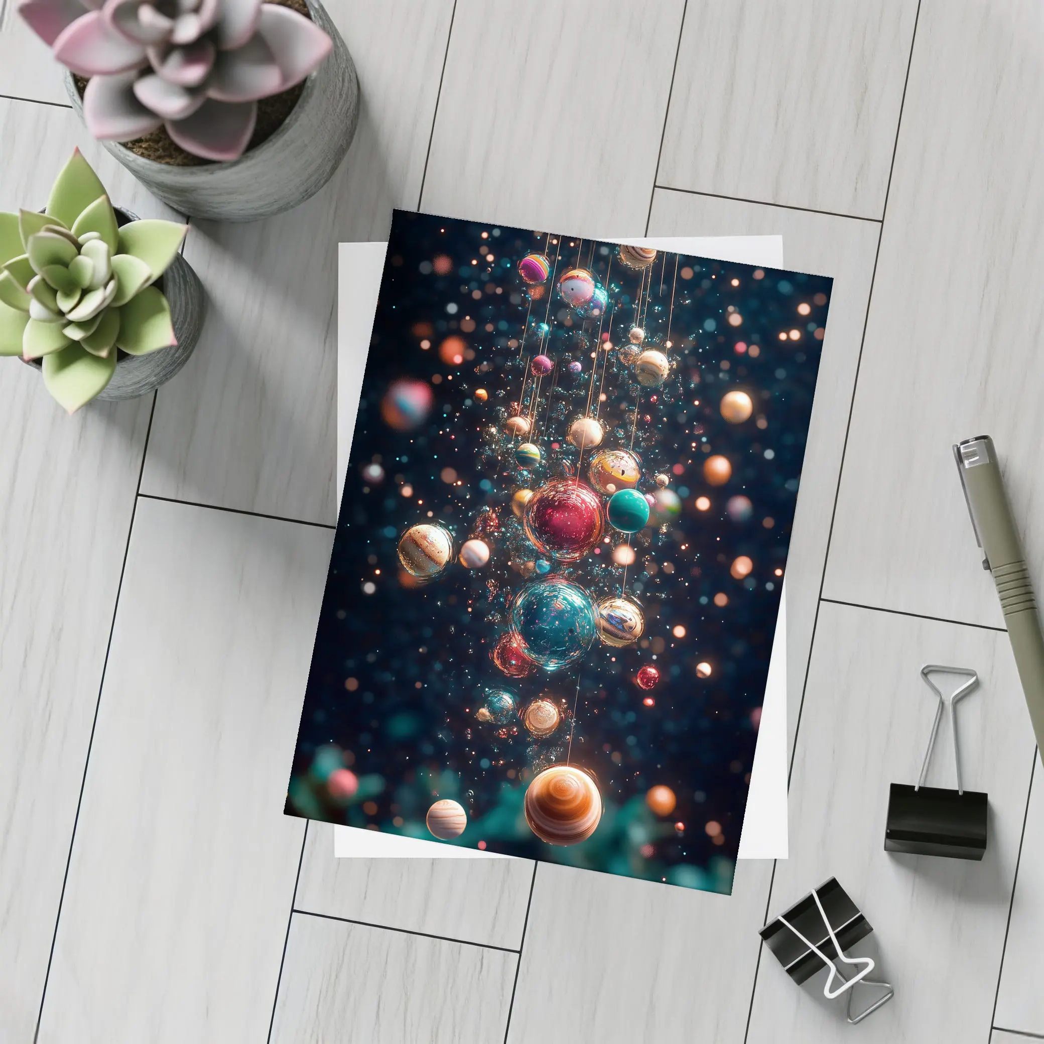 Colorful Planets Hanging Dark Space Background – Postcards