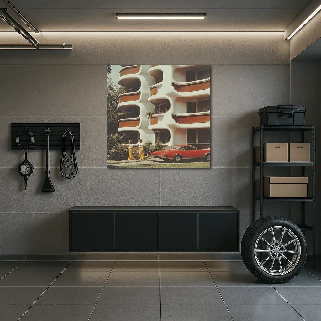 Retro Seventies Curved Architecture Red Sports Car – Wall Art