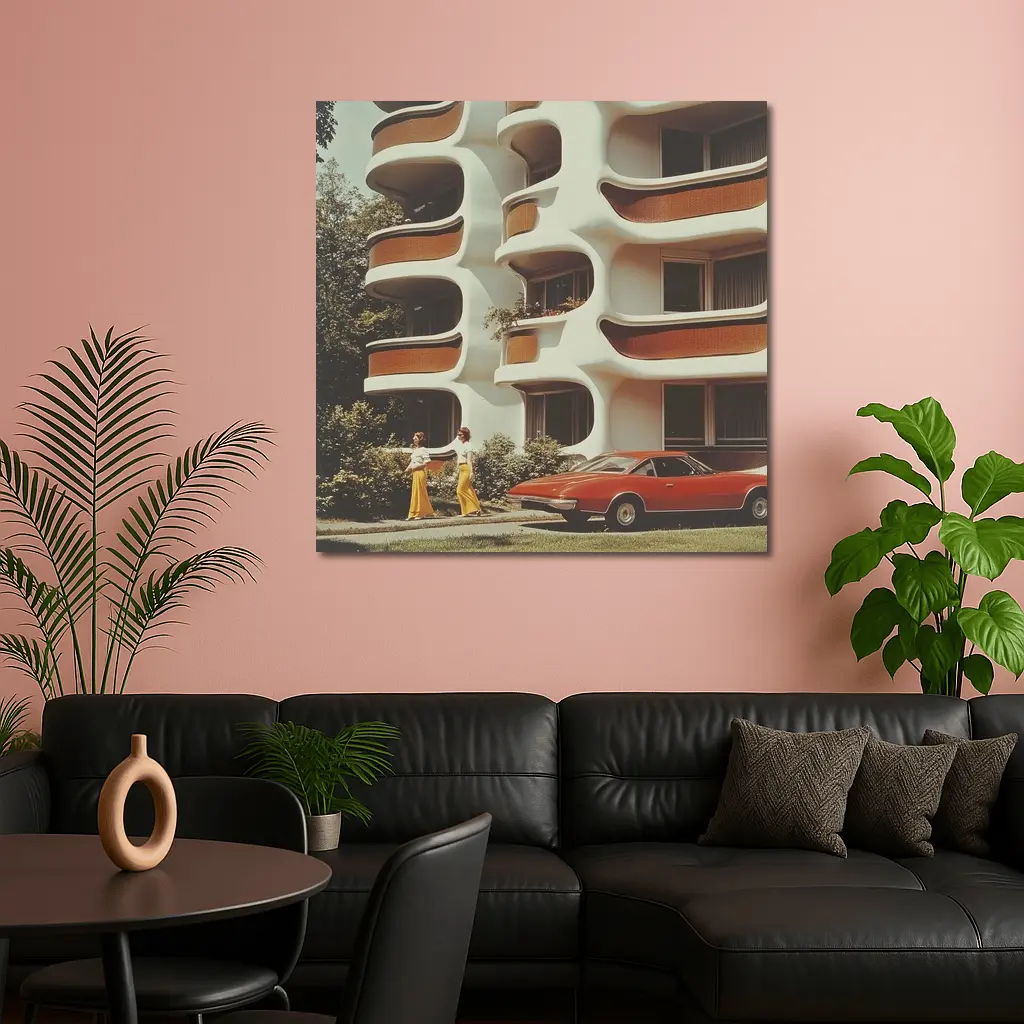 Retro Seventies Curved Architecture Red Sports Car – Wall Art