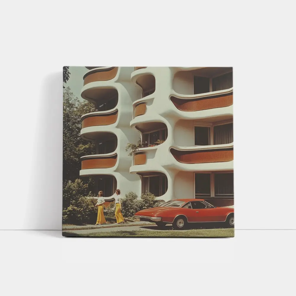 Retro Seventies Curved Architecture Red Sports Car – Wall Art