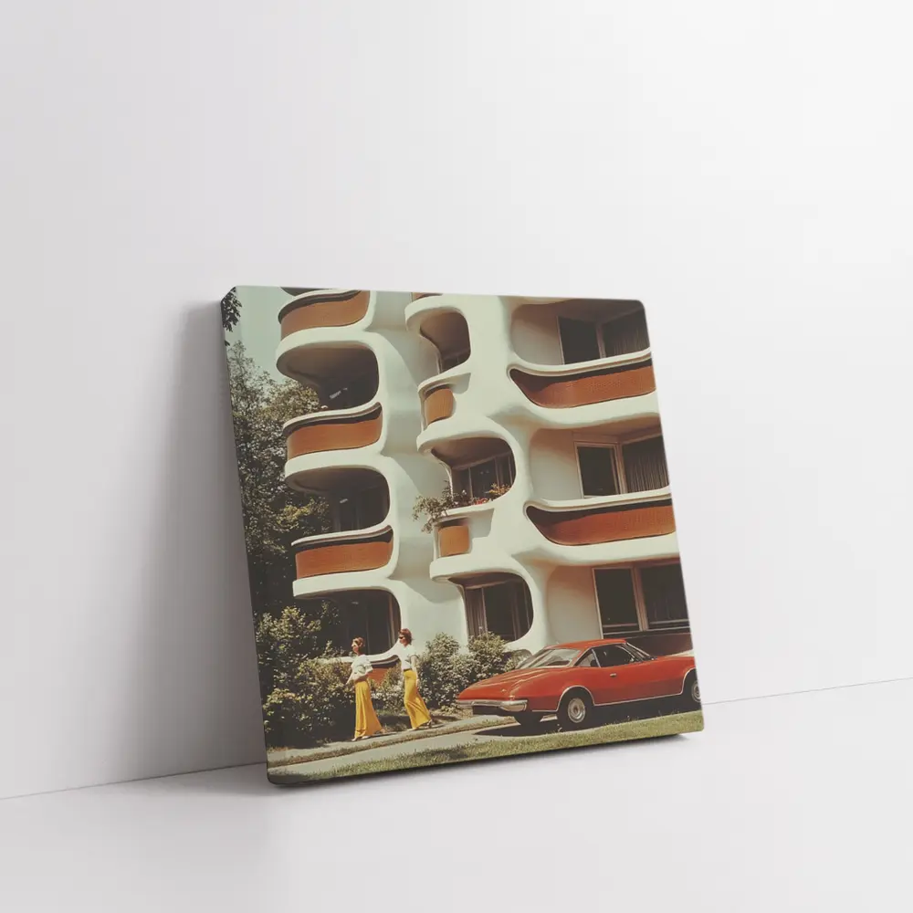 Retro Seventies Curved Architecture Red Sports Car – Wall Art