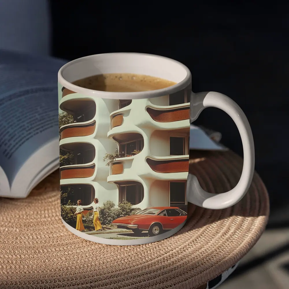 Retro Seventies Curved Architecture Red Sports Car – Mugs