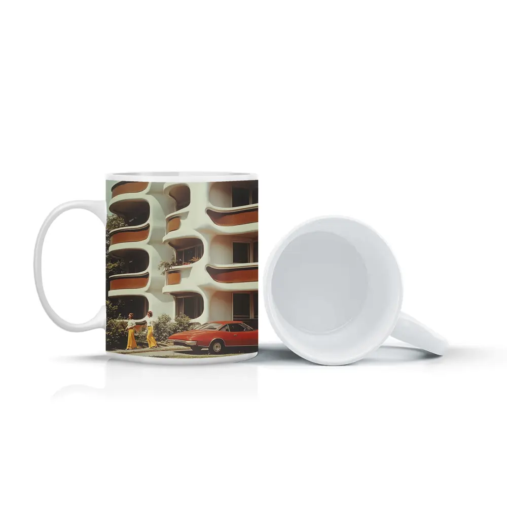 Retro Seventies Curved Architecture Red Sports Car – Mugs